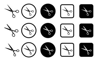 Makas hazır. Düz simge tarzı. Beyaz arka planda siyah makas koleksiyonu. Vektör illüstrasyonu