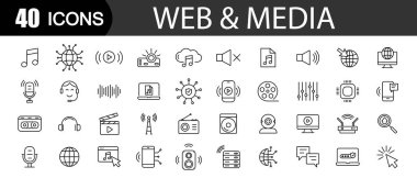 Web ve Medya simgeleri hizada. İnternet sitesi tasarımı için. Düzenlenebilir vuruş simgeleri. Vektör illüstrasyonu.