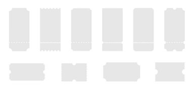 Farklı formların şablonu. Sinema için biletler. Beyaz arkaplanda kupon simgeleri.