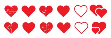 Kalpler beyazda izole edilmiş. Doğrusal ve düz kalpler. Bulmaca kalpler. Aşk ikonu. Sevgililer Günü işaretleri ya da sembolleri. Vektör illüstrasyonu. 