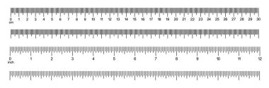 Ölçüm tabloları 30 santimetre, 12 inç. Cetvel İnç ve metrik cetvel şablonu. 