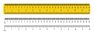 Ölçme aleti. Okul malzemeleri. Ölçüm tabloları 30 santimetre, 12 inç. Cetvel İnç ve metrik cetvel şablonu. 