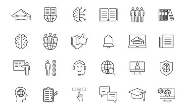 Eğitim çizgisi simgeleri ayarlandı. Eğitim, okul, kitap. Vektör illüstrasyonu
