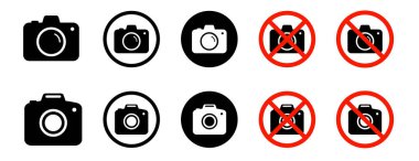 Kamera simgesi ayarlandı. Fotoğraf makinesi düz stil. Fotoğraf yok. Kamera sembolü. Vektör illüstrasyonu.