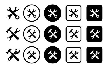 Araç simgesi seti. Servis merkezi sembolü. Destek logosu. Alet tabelaları koleksiyonu. Çalışma araçları simgesi. Servis simgeleri