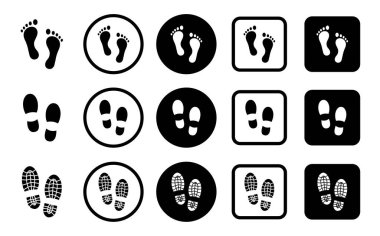 Ayak izleri. İnsan ayak izi ikonu. Bebek ayak izi. Ayak izlerinin silueti. Vektör illüstrasyonu. 