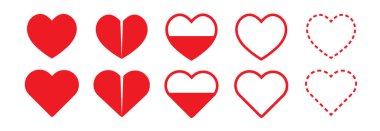 Kalpler beyazda izole edilmiş. Doğrusal ve düz kalpler. Aşk ikonu. Sevgililer Günü işaretleri ya da sembolleri. Vektör illüstrasyonu. 