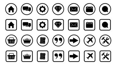 Ev, konum, e-posta, adres, sohbet, mesaj, posta, bilgi, destek, web sitesi, simge. Web simgesi seti. Kişi ve ağ simgeleri ayarlandı. 