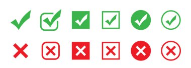 Yeşil işaret ve kırmızı işaret simgesi. Vektör çizimi. İşaretleme simgelerini kontrol et . 