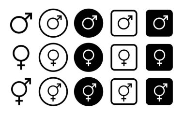Cinsiyet simgeleri. Cinsiyet sembolleri. Cinsiyet eşitliği ikon vektörünün erkek ve kadın işareti. Cinsiyet. Erkek. Bir kadın. Eşcinsel. Lezbiyen, Biseksüel. Transseksüel. Hetero. Vektör illüstrasyonu