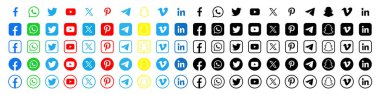 Sosyal medya simgeleri. Facebook, twitter, instagram, youtube, telgraf, snapchat, pinterest, tiktok logo. Sosyal ağ simgeleri koleksiyonu