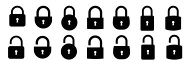 Kilit simgeleri ayarlandı. Asma kilit açıldı ve kapandı. Kilitli ve açık kilit simgesi. Güvenlik sembolü. Vektör illüstrasyonu.