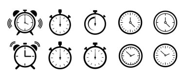 Saat simgesi. Zaman ve Saat. Zamanlayıcı vektör simgeleri. Geri sayım zamanlayıcısı ve kronometre sembolü düz. Vektör illüstrasyonu.