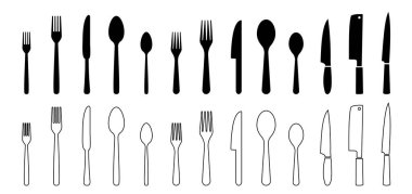 Farklı çatal, kaşık ve bıçak simgeleri yerleştir. Gümüş çatal bıçak simgeleri. Logot menüsü. Menü sembolü. Siyah gümüş çatal bıçak ikonu. Vektör illüstrasyonu.