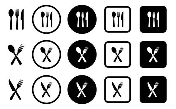 Серебряные иконы. Вилка, нож, тарелка и ложка. Символ меню. Черная серебряная икона. Векторная иллюстрация.