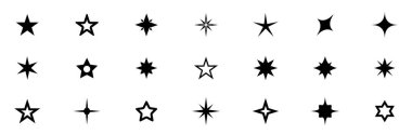 Yıldız simgesi koleksiyonu. Farklı yıldız şekilleri. Siyah yıldız simgesi seti. Işıldayan yıldız ikonu hazır. Kayan yıldızlar. Vektör illüstrasyonu 