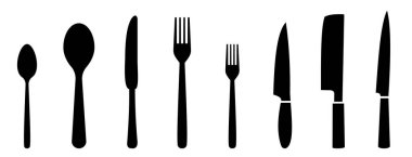 Farklı çatal, kaşık ve bıçak simgeleri yerleştir. Gümüş çatal bıçak simgeleri. Logot menüsü. Menü sembolü. Siyah gümüş çatal bıçak ikonu. Vektör illüstrasyonu.