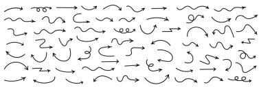 Ok simgeleri. El çizilmiş oklar. Okları beyaz arkaplanda izole et. Ok izi simgeleri. Vektör illüstrasyonu