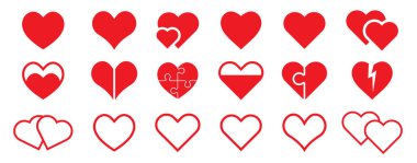 Kalpler beyazda izole edilmiş. Doğrusal ve düz kalpler. Aşk ikonu. Sevgililer Günü işaretleri ya da sembolleri. Vektör illüstrasyonu. 