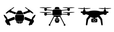 İHA simgesi. Hareket kameralı bir kuadkopter. İHA simgeleri ayarlandı. Fotoğraf ve video dronları.