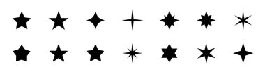 Yıldız simgesi koleksiyonu. Farklı yıldız şekilleri. Siyah yıldız simgesi seti. Işıldayan yıldız ikonu hazır. Vektör illüstrasyonu 