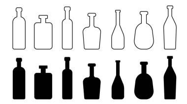 Şişe tipleri vektör çizimleri ayarlandı. Alkol bardakları siluet koleksiyonu. Cam şişe tipleri izole..