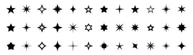 Yıldız simgesi koleksiyonu. Farklı yıldız şekilleri. Siyah yıldız simgesi seti. Işıldayan yıldız ikonu hazır. Vektör illüstrasyonu 