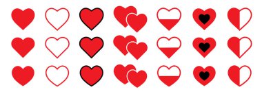 Kalpler beyazda izole edilmiş. Doğrusal ve düz kalpler. Aşk ikonu. Sevgililer Günü işaretleri ya da sembolleri. Vektör illüstrasyonu. 