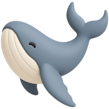 Beyaz arkaplanda sevimli 3D balina çizimi.