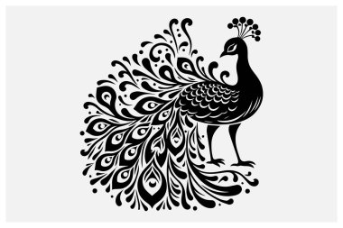 a stunning black color peacock silhouette perfect for logos artwork and creative designs. This elegant and majestic peacock silhouette adds a touch of beauty and sophistication to any project. Ideal for digital and print use. clipart