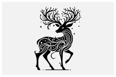 A graceful black color deer silhouette ideal for logos, artwork, and creative designs. This elegant and majestic deer silhouette adds a touch of nature and sophistication to any project. Perfect for digital and print applications in various artistic  clipart