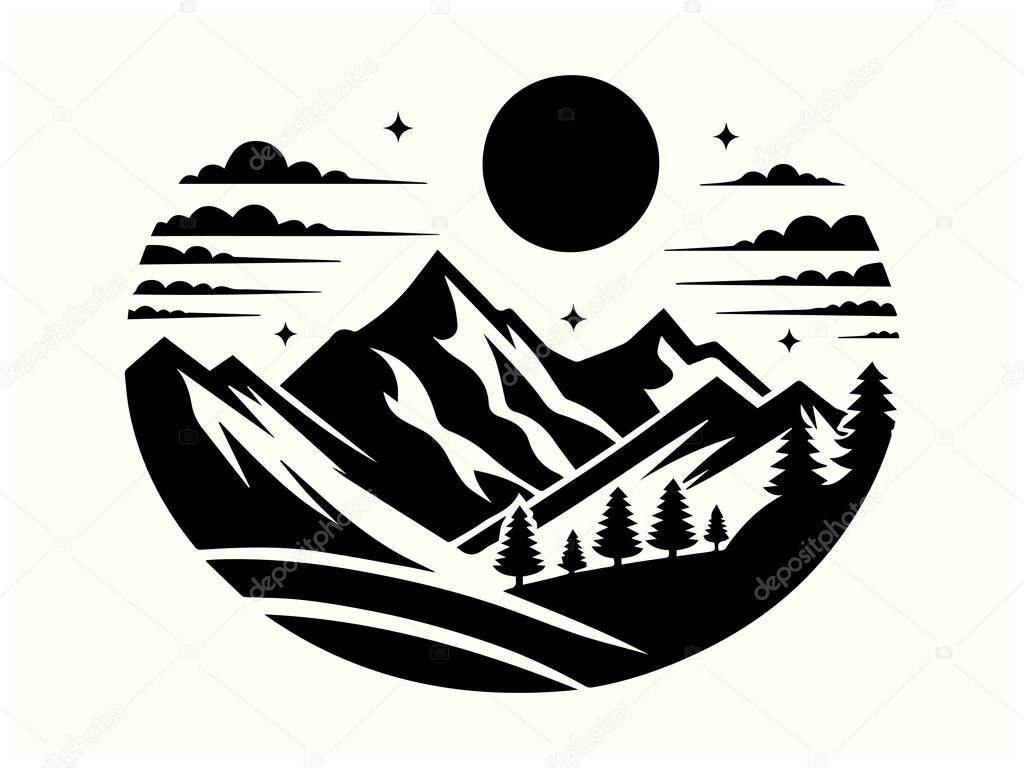 Mountain Silhouette Black Color Landscape Clipart for Logos and Designs