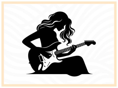 Müzik, konser, eğlence ve sanatsal projelerin yanı sıra markalaşma ve yaratıcı tasarım uygulamaları için mükemmel enstrüman çalan bir müzisyenin yüksek kaliteli siyah silueti.