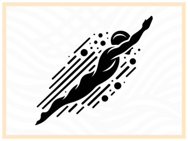 Hareket halindeki bir yüzücünün yüksek kaliteli siyah silueti, spor, spor, spor, eğitim ve yüzme ve su aktiviteleriyle ilgili su temalı tasarımlar, markalaştırma ve sanatsal projeler için ideal.