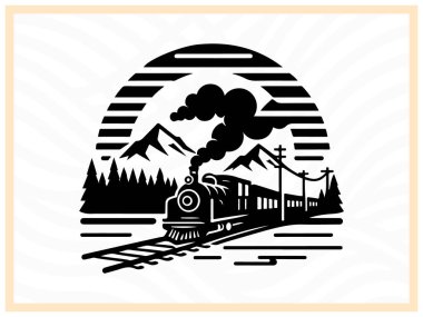Tren lokomotifinin yüksek kaliteli siyah silueti, klasik veya modern tren temaları içeren demiryolu, seyahat ve ulaşım tasarımları, markalaşma ve sanatsal projeler için ideal.