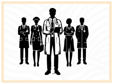 Steteskopla ayakta duran bir doktorun temiz siyah silueti. Sağlık hizmetlerini ve profesyonelliği simgeliyor. Hastane kliniği ve sağlık hizmetleri için mükemmel.
