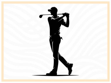 Bir golfçünün parlak siyah silueti, golf temalı spor meraklıları ve turnuva yaratıcı projeler için mükemmel bir özellik ve odaklanma özelliğini sembolize ediyor.