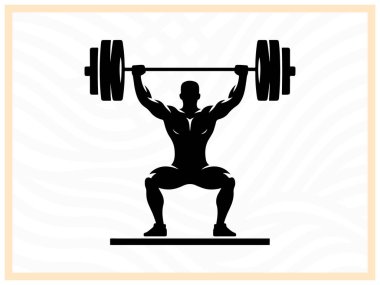 Bir haltercinin kalın siyah silueti halteri kaldırıyor. Güç, güç ve kararlılığı simgeliyor. Form, vücut geliştirme ve atletik güç temalı tasarım ve projeler için ideal.