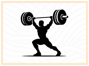Bir haltercinin kalın siyah silueti halteri kaldırıyor. Güç, güç ve kararlılığı simgeliyor. Form, vücut geliştirme ve atletik güç temalı tasarım ve projeler için ideal.