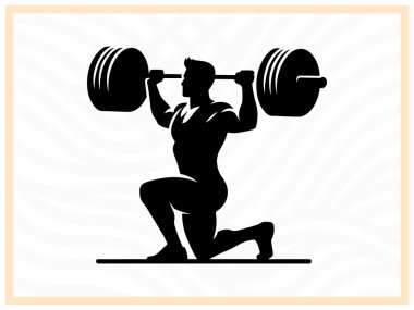 Bir haltercinin kalın siyah silueti halteri kaldırıyor. Güç, güç ve kararlılığı simgeliyor. Form, vücut geliştirme ve atletik güç temalı tasarım ve projeler için ideal.