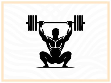 Bir haltercinin kalın siyah silueti halteri kaldırıyor. Güç, güç ve kararlılığı simgeliyor. Form, vücut geliştirme ve atletik güç temalı tasarım ve projeler için ideal.