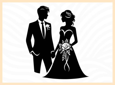 Düğün çifti, gelin ve damat için şık siyah siluet. Düğün, aşk ve kutlama teması için ideal bir poz.