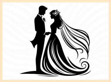 Düğün çifti, gelin ve damat için şık siyah siluet. Düğün, aşk ve kutlama teması için ideal bir poz.