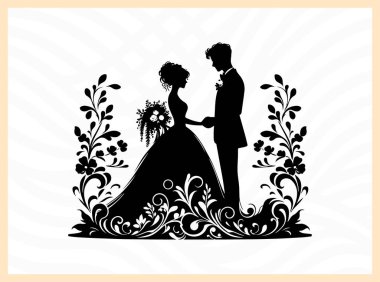 Düğün çifti, gelin ve damat için şık siyah siluet. Düğün, aşk ve kutlama teması için ideal bir poz.