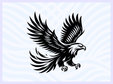 Geniş kanatlı uçan bir kartalın siyah silueti. Güç özgürlüğünü ve vizyonu simgeliyor. Vahşi yaşam için mükemmel vatanseverlik ve doğa tasarım projeleri.