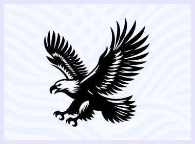 Geniş kanatlı uçan bir kartalın siyah silueti. Güç özgürlüğünü ve vizyonu simgeliyor. Vahşi yaşam için mükemmel vatanseverlik ve doğa tasarım projeleri.
