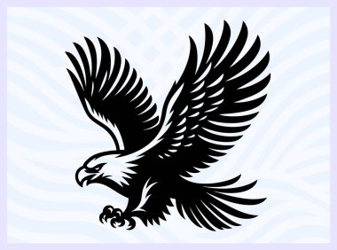 Geniş kanatlı uçan bir kartalın siyah silueti. Güç özgürlüğünü ve vizyonu simgeliyor. Vahşi yaşam için mükemmel vatanseverlik ve doğa tasarım projeleri.