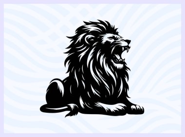 Kükreyen bir aslanın siyah silueti orman sahnesinde duruyor. Güç ve liderliğin sembolü. Safari yaban hayatı ve yırtıcı temalı tasarım projeleri için ideal.