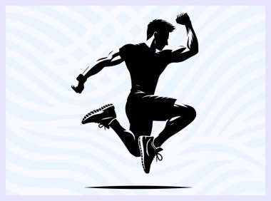 Bir sporcunun havanın ortasından atlayan silueti. Enerji hareketi ve atletizm. Spor temalı yaratıcı tasarım ve motivasyon kavramları için ideal.