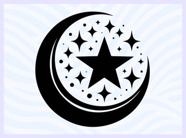Hilal ay ve yıldızın siyah silueti İslam 'ı ve gece gökyüzünü temsil ediyor ruhani barış için ideal Ramazan ve gök temalı yaratıcı tasarım kavramları